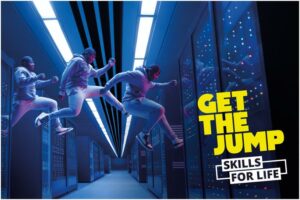 Get the Jump logo with a young person jumping into a office environment