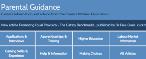 The menu from the parental guidance website, including 'applications and interviews', 'higher education', and more. 