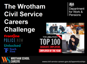 Image with the title 'The Wrotham Civil Service Careers Challenge'. 'Top 100 Employers Award' and the Department for Work and Pensions logo. Images show a selection of people working in different environments including at a desk and in an office.