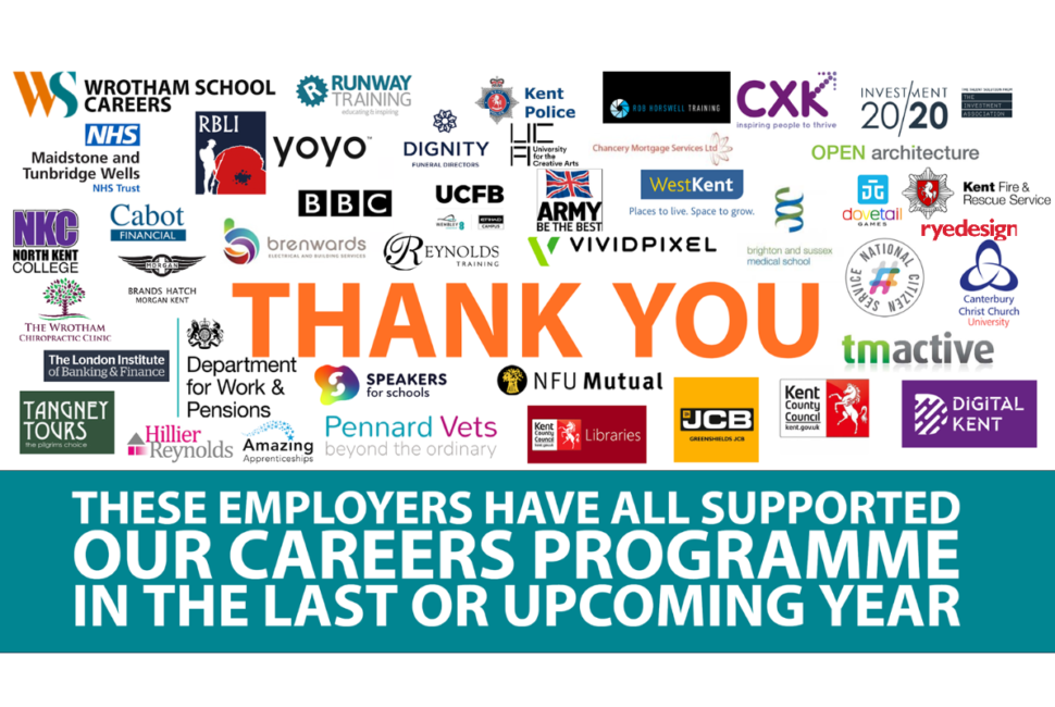 A collage of employer logos with the message: 'Thank you. These employers have all supported our careers programme in the last or upcoming year.' Images include the BBC, UCFB, British Army, NFU Mutual, Speakers for Schools, Pennard Vets, JCB Greenshields, Department for Work and Pensions, West Kent Hosing, Brighton and Sussex Medical School, Runway Training, North Kent College and more.