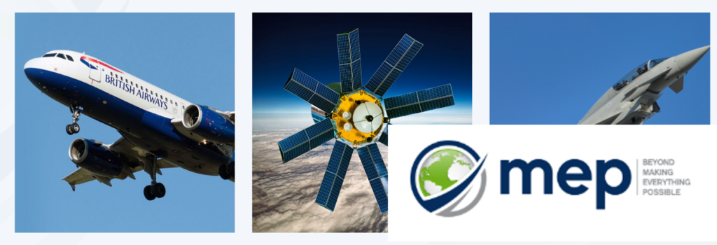 An image including the MEP Ltd logo and three pictures of projects that they work on. The first is a British Airways aeroplane, the second is a satellite in space, the third is a military style plane. 