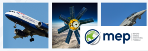 An image including the MEP Ltd logo and three pictures of projects that they work on. The first is a British Airways aeroplane, the second is a satellite in space, the third is a military style plane.