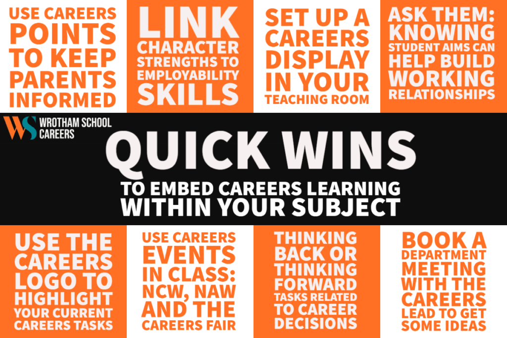 Quick wins to embed careers learning in your subject. 1. use careers points to keep parents informed. Link character strengths to employability skills. 3. set up a careers display in your teaching room. 4. ask them: build student relationships by knowing their aims. 5. use the careers logo to highlight your careers activities. 6. use events in class: NAW, NCW and the careers fair. 7. thinking back or thinking forward tasks related to careers decisions. 8. book a department meeting with the careers lead to discuss ideas. 