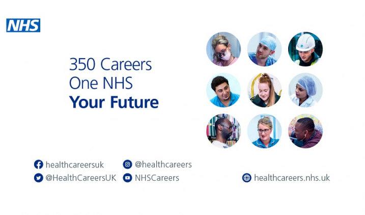 Contact information for NHS careers. A logo in the middle of the image says '350 careers, one NHS, your future' and there are six circular images of different people's faces all smiling to the right. Underneath there are the different contact details. Web address healthcareers.nhs.uk