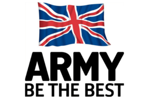 The British Army logo - A UK (union jack) flag with black capital letters underneath saying ARMY: BE THE BEST. 