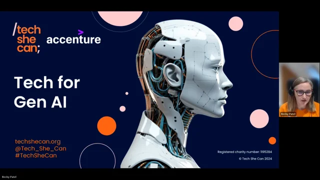 Top left - logos for 'Tech she can' and 'Accenture'. A title is underneath this saying 'Tech for Gen AI'. There is a blue background and a white robotic head facing to the right. 