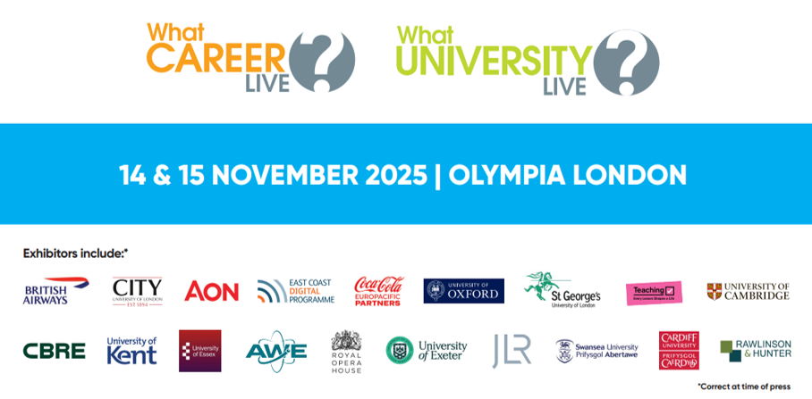 Logo for What Career Live show. It includes the dates: 14th-15th November. It includes the location: London Olympia. 